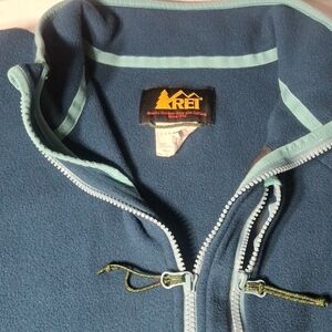 REI Navy Fleece Bomber Jacket with Light Teal Trim